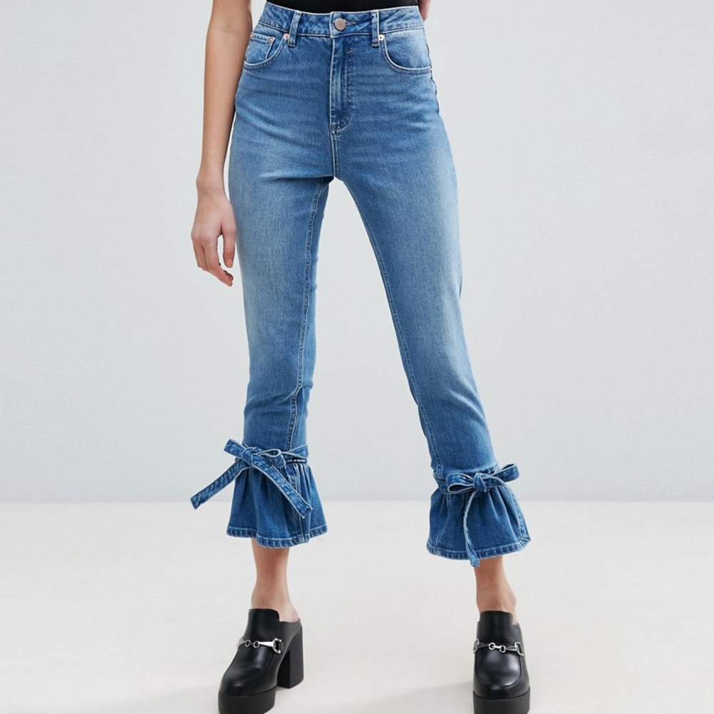 ASOS FARLEIGH High Waist Slim Mom Jeans with Flared Bow Hem in Prince Wash